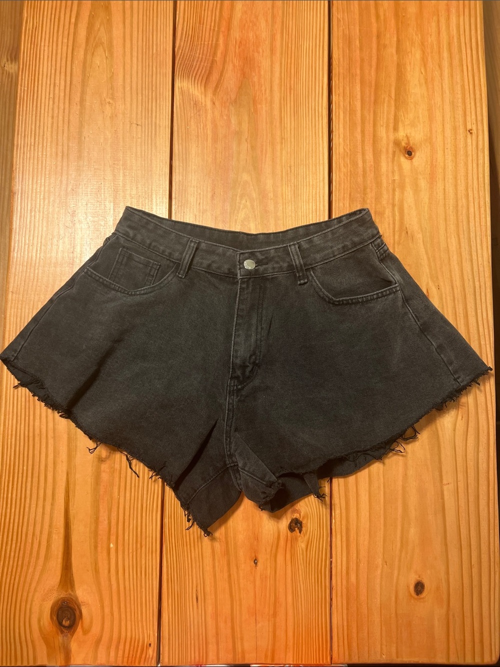 High-Rise Black Denim Cutoff Shorts with Frayed Hem